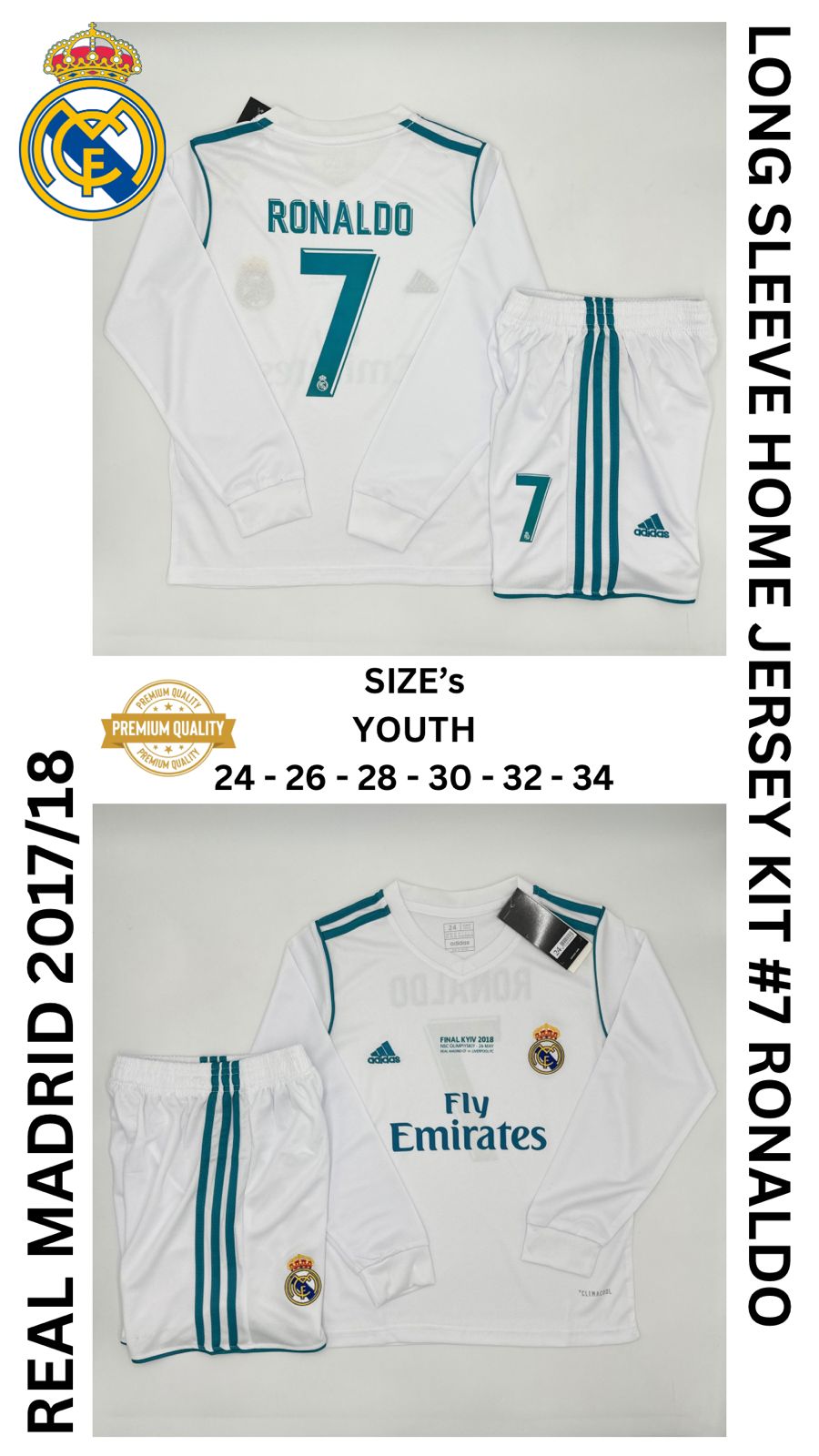 Real Madrid Long Sleeve Home Jersey Kit For Kids 2017/2018