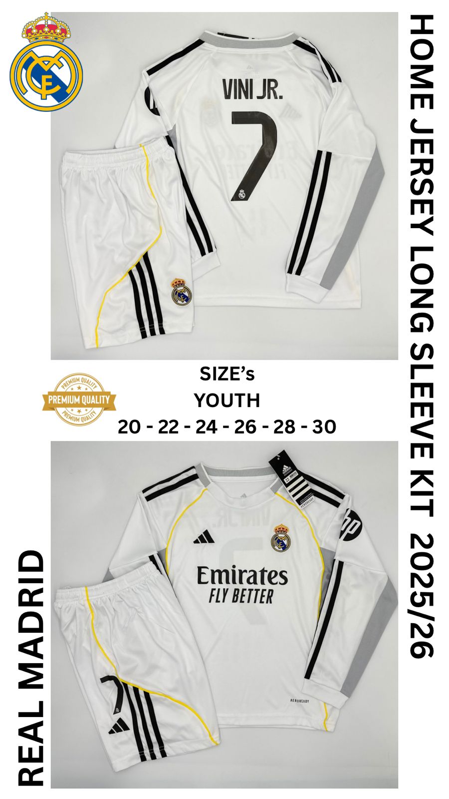 Real Madrid Long Sleeve Home Jersey Kit For Kids 2025/2026