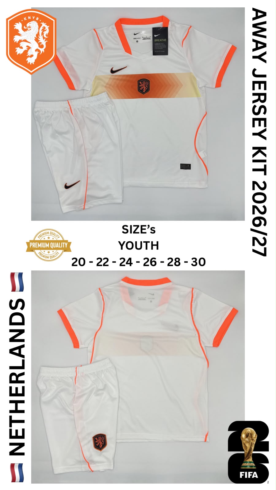 Netherlands Away Jersey Kit For Kids 2026/2027