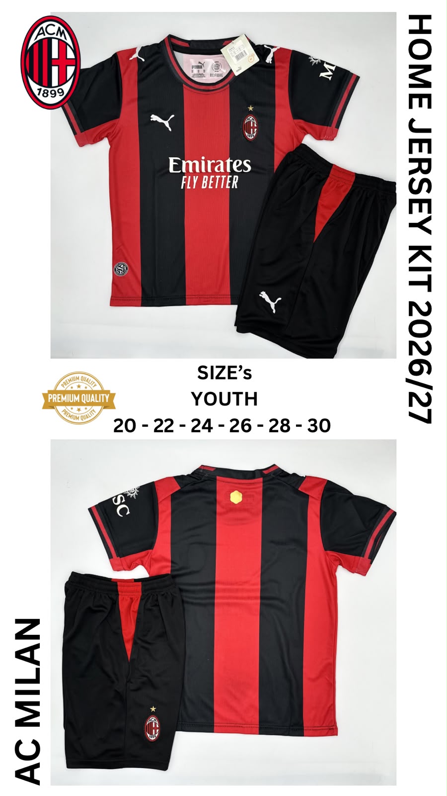 Ac Milan Home Jersey Kit For Kids 2026/2027