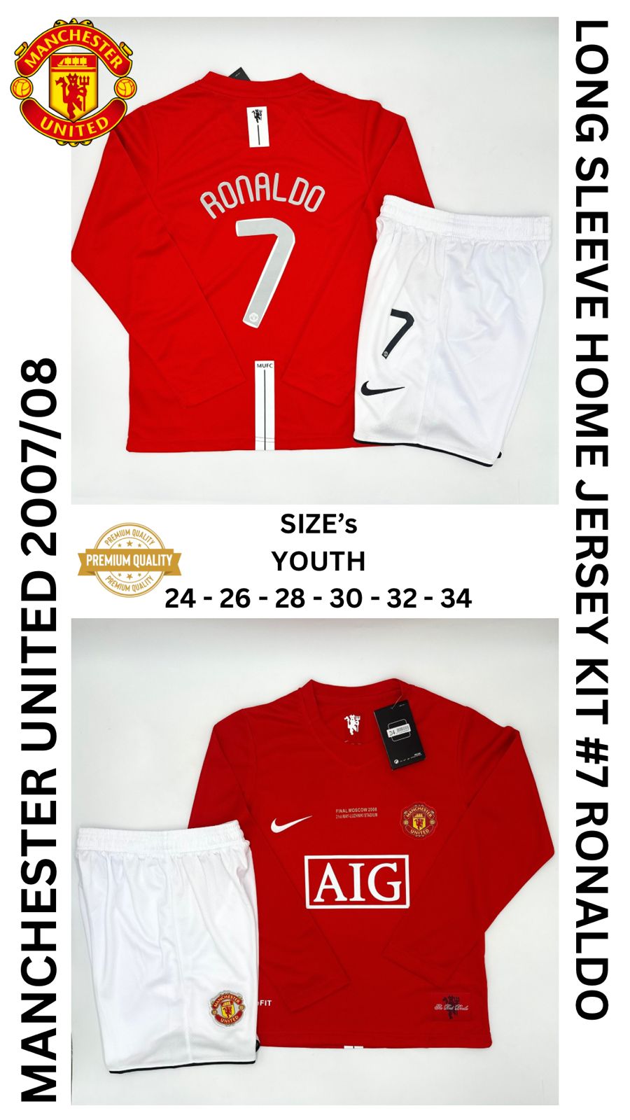 Manchester United Long Sleeve Home Jersey Kit For Kids 2007/2008